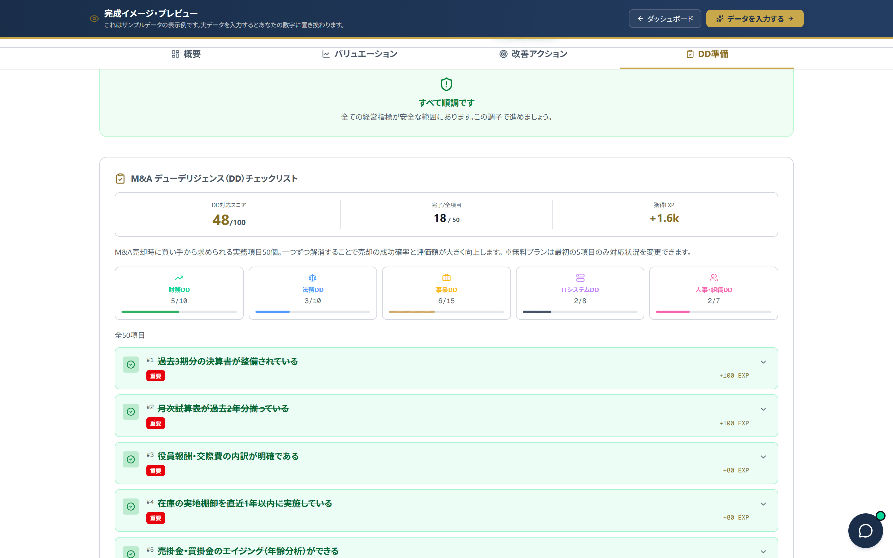 Valu-UpDD準備タブ:6カテゴリ35項目のチェックリスト